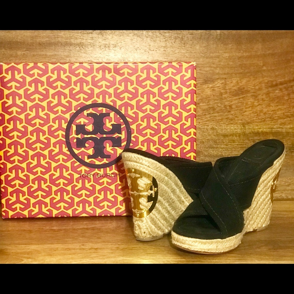Tory Burch- Kristen, Black Fabric Canvas Wedge